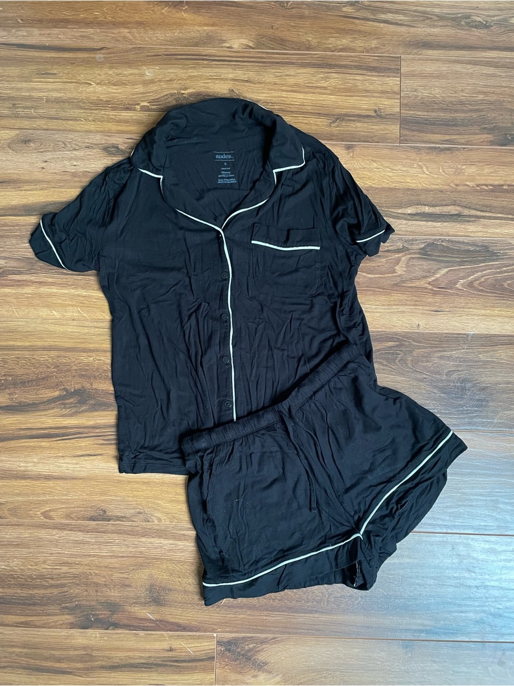 Auden Black Short-Sleeve Button Pajama Set with Cream Piping